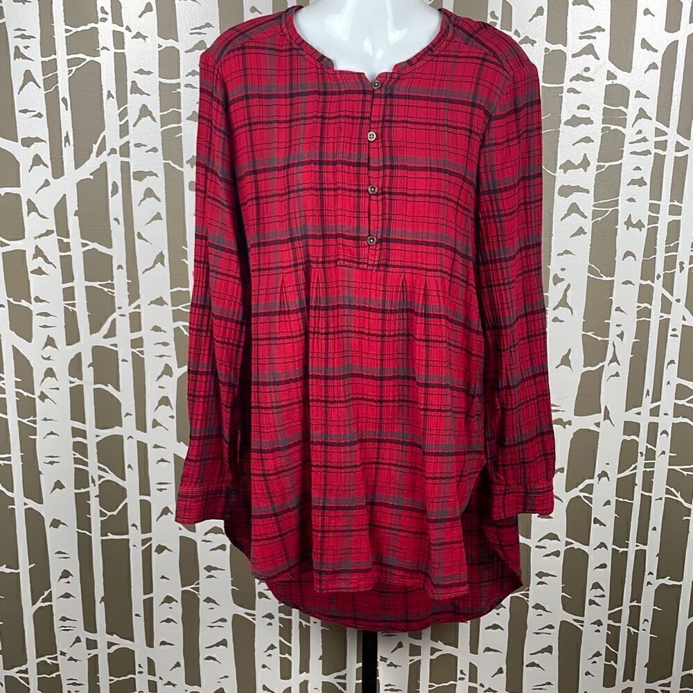 Anthropologie Holding Horses Red Plaid Hi-Low Hem Tunic Top sz M